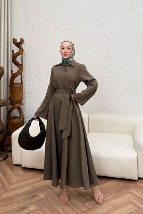 Gülşah collection Kemer Detaylı Gömlek Yaka Tensel Elbise - Haki