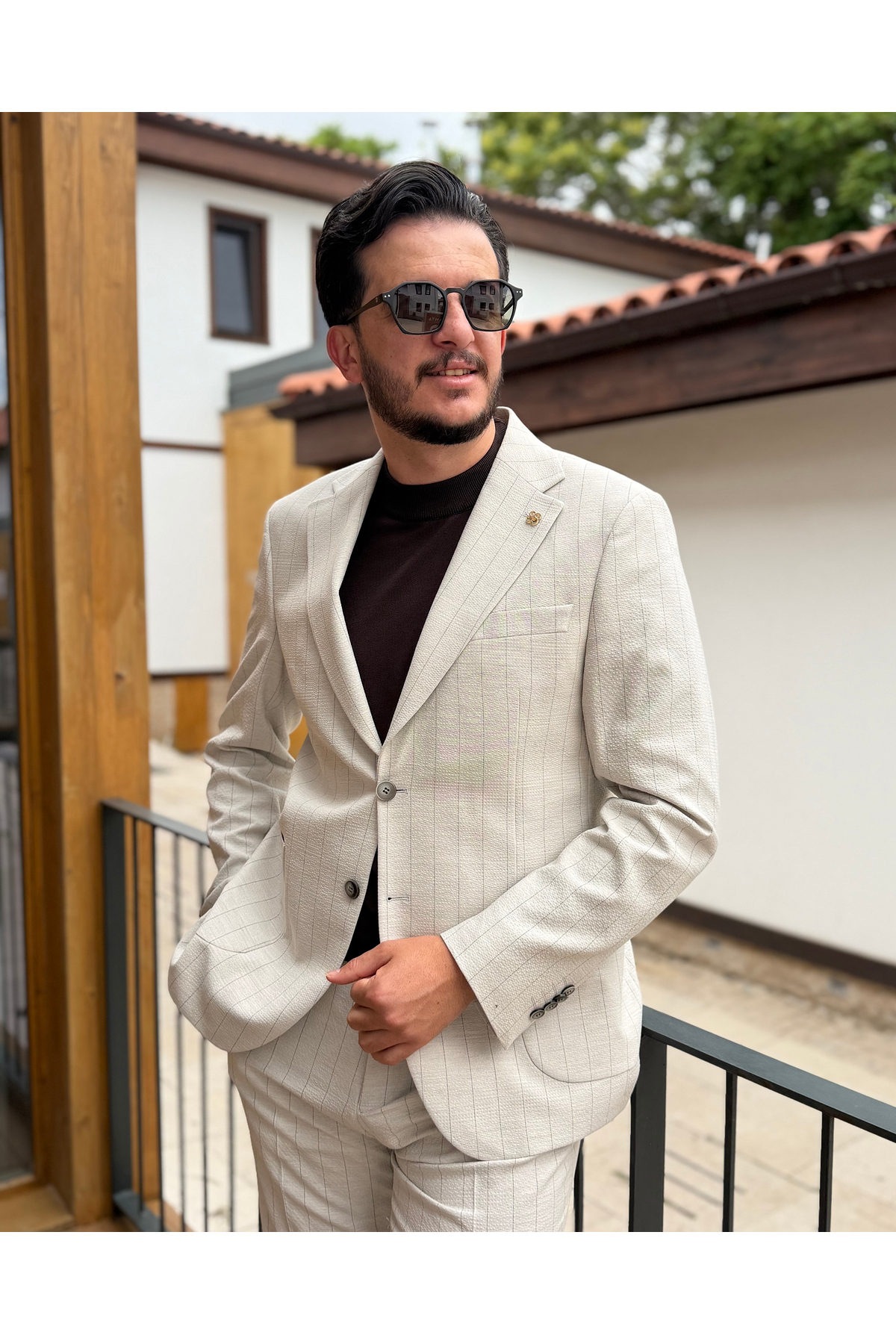 Milano Collection Riviera Çizgili Takım Elbise — بژ 01617 — تصویر 6 از 6