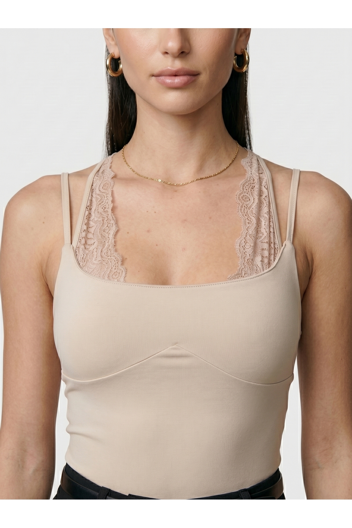 Kadın Dantel Yaka İnce Askılı Çıtçıtlı Body Slim Fit Dar Kalıp Likralı Bodysuit - Bej 2