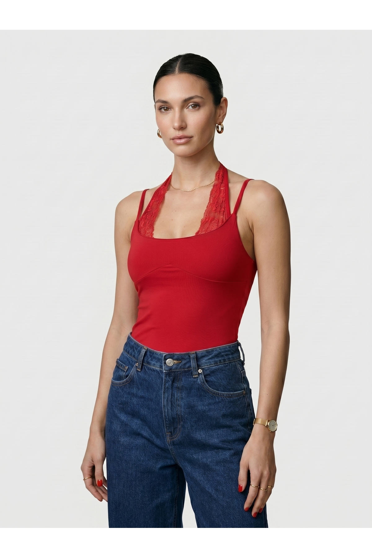 Kadın Dantel Yaka İnce Askılı Çıtçıtlı Body Slim Fit Dar Kalıp Likralı Bodysuit - Kırmızı 3
