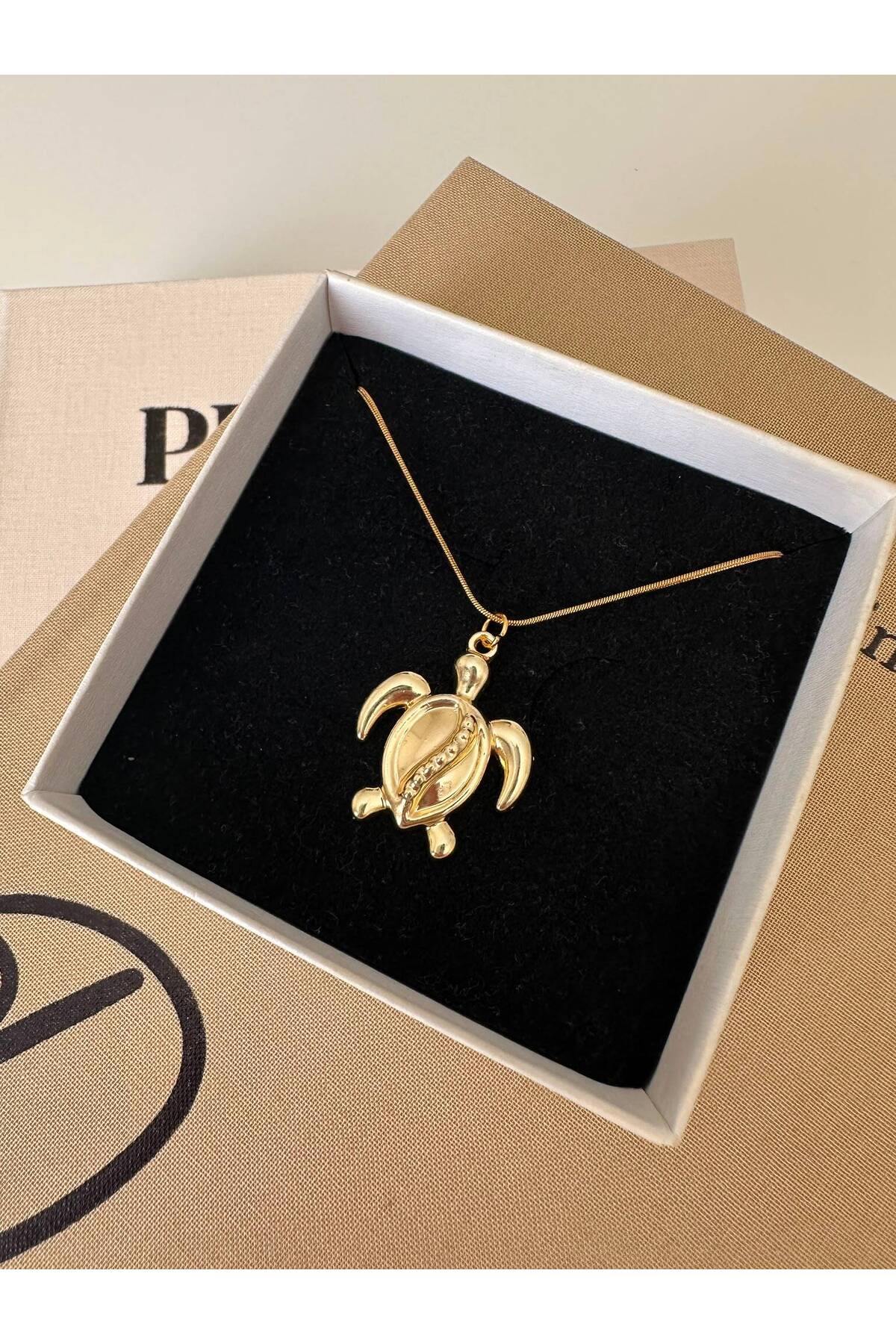 Kaplumbağa Charm Çelik Zincirli 45 cm Yazlık Gold Altın Kaplama Kolye - Detay Görseli 3