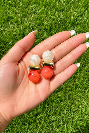 ANKA JEWELLRY ÇİFT TARAFLI MERCAN TURUNCUSU & EFEKTLİ TOP KÜPE | ŞIK GOLD DET...