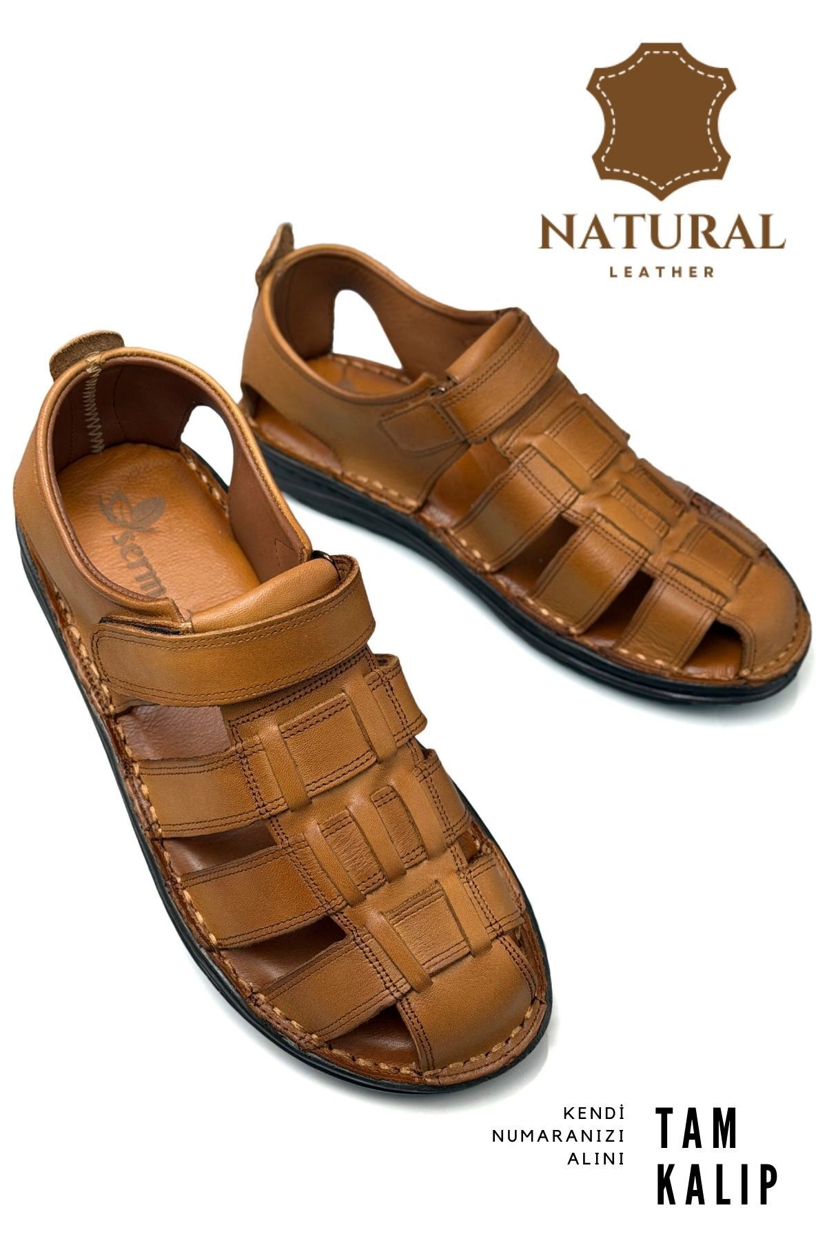 sermoda %100 Hakiki Deri Burnu Kapalı Erkek Sandalet Taba görsel 3