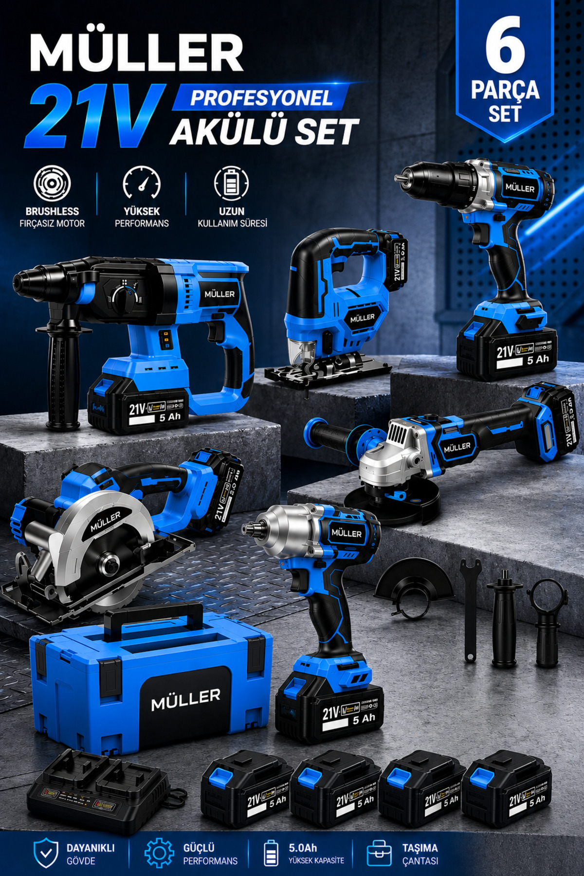Pro Müller Alman Kömürsüz Motor 6'lı Profesyonel Set Kırıcı Delici