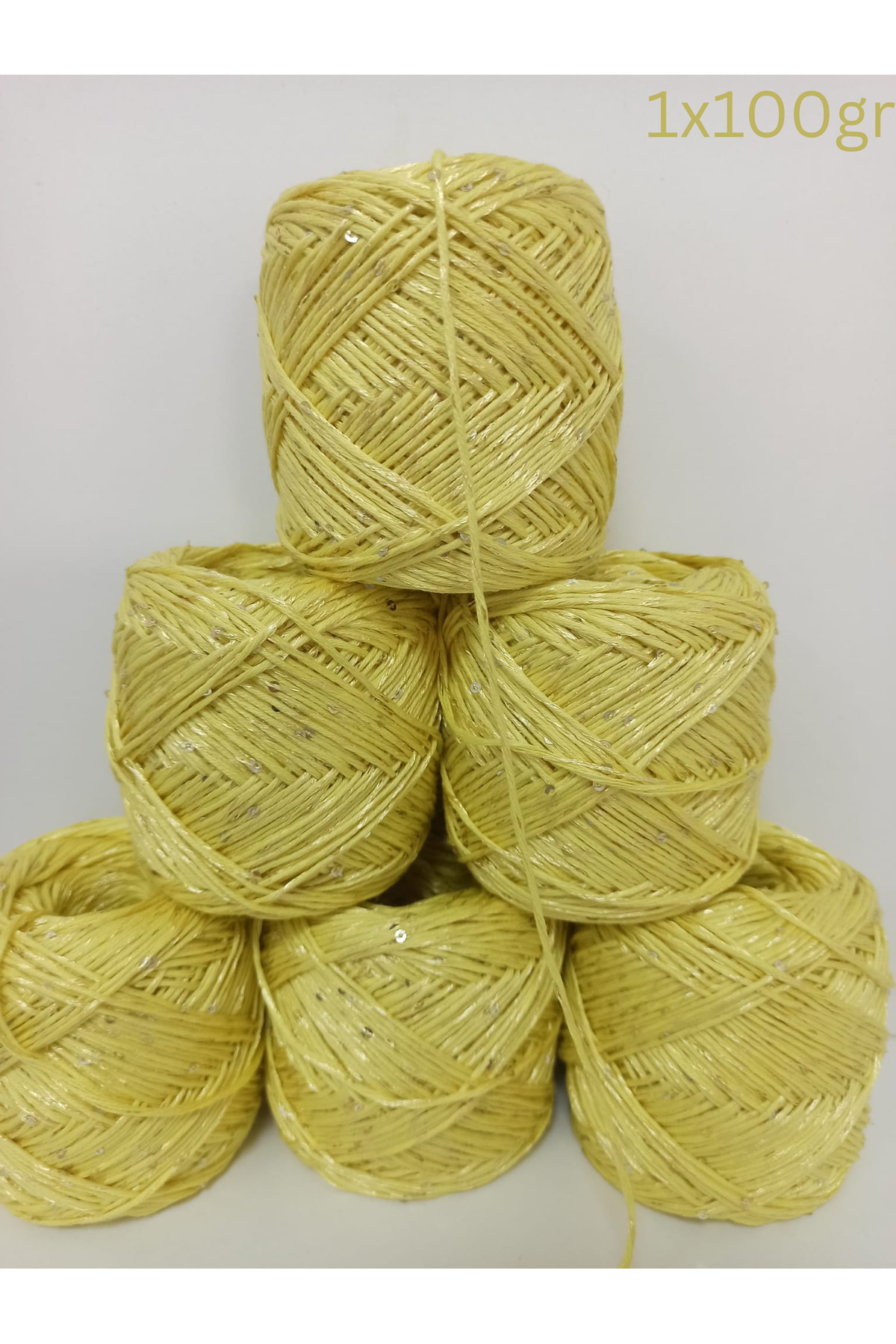 Cotton Cotton Twisted Knitting Yarn (Lemon Yellow,Gold Sequin) 100gr