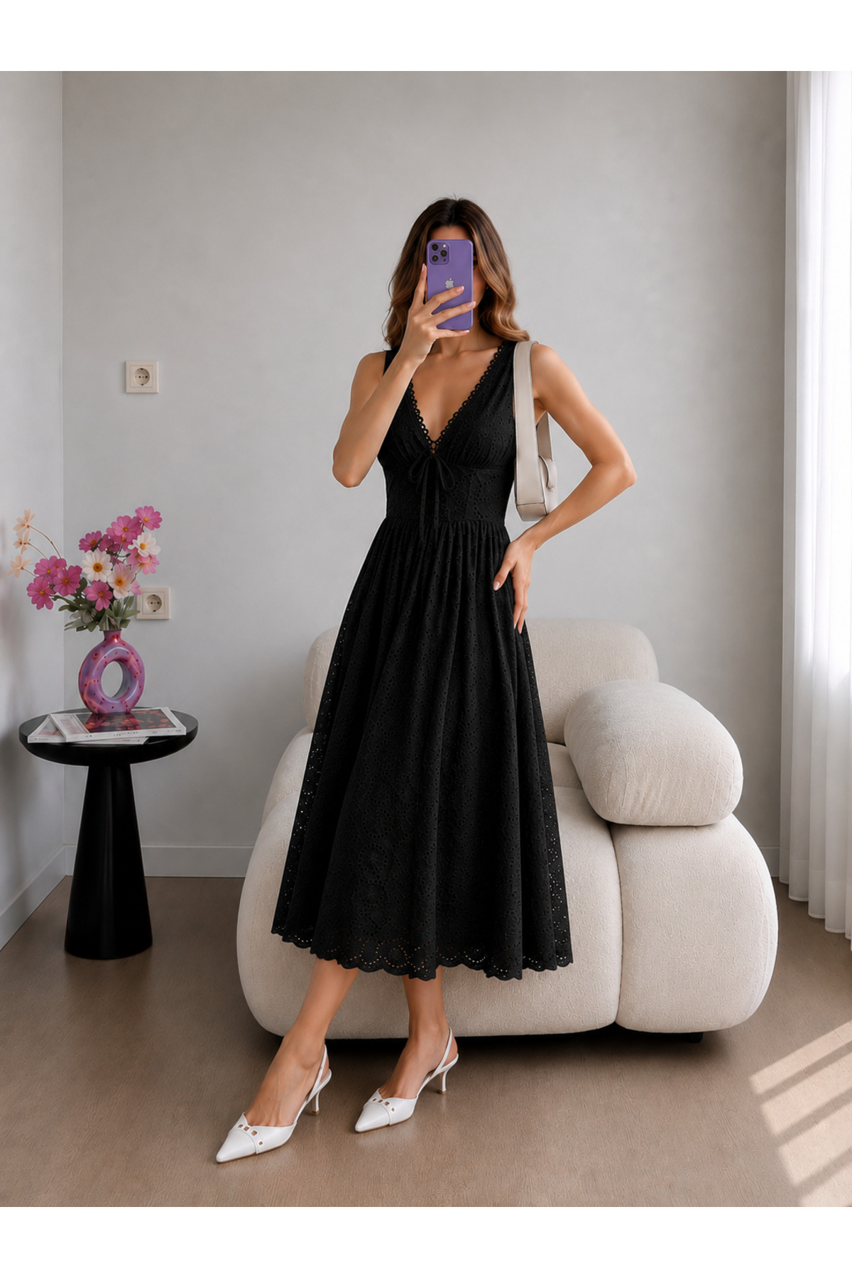 Ekim Store  Fistolu Bağcıklı Askılı Uzun Elbise - Görsel 5