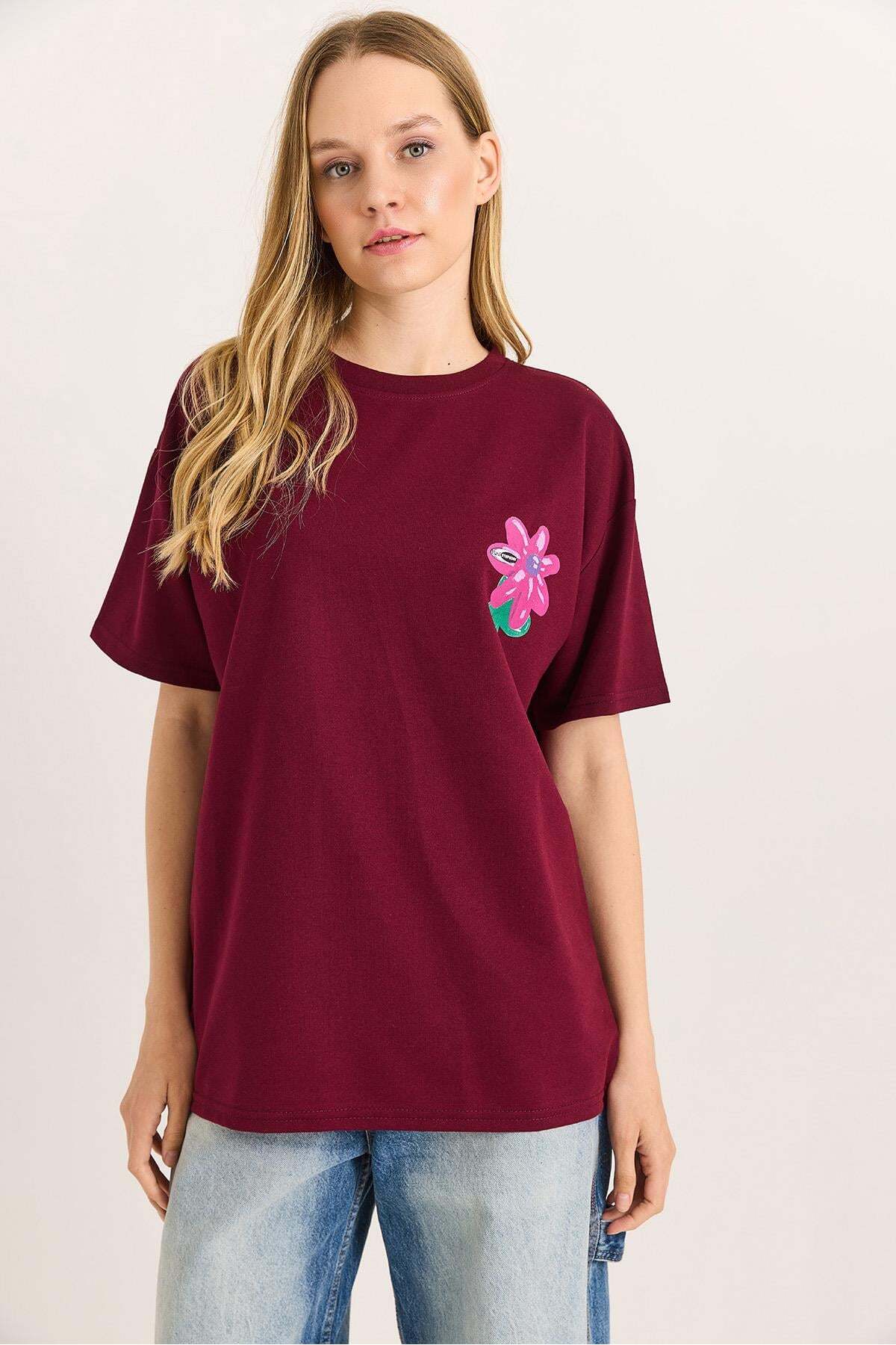 Raneel Kazançlı Alışveriş Printed Crew Neck Basic Tshirt Claret Red