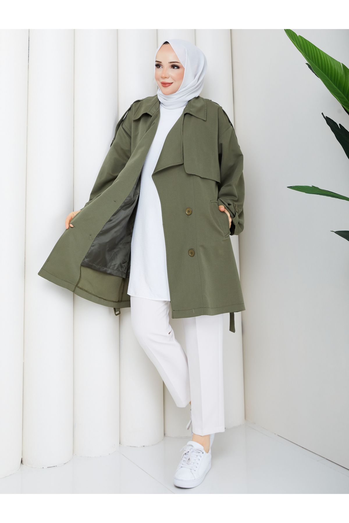 RACE FASHİON Yarı Astarlı Torino Kumaş Oversize Trençkot RC3136 görsel 2