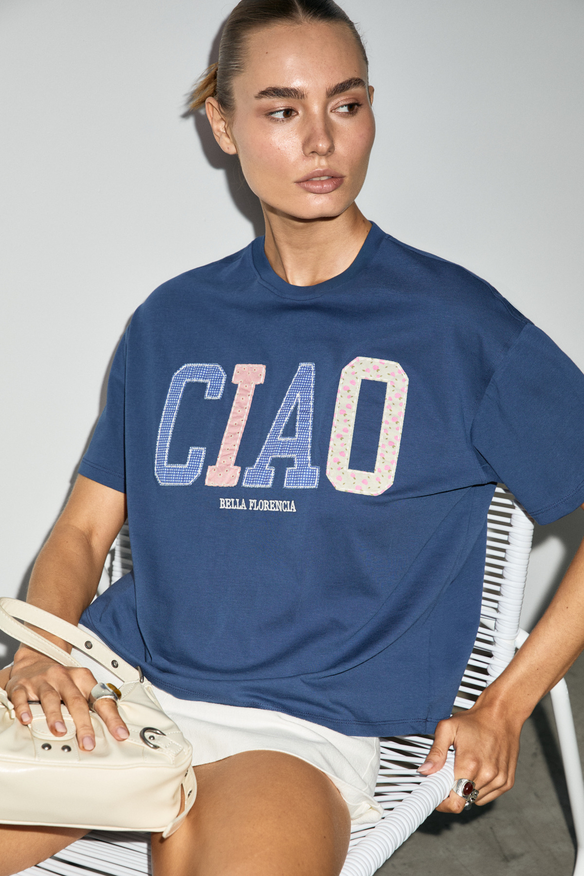 GRIMELANGE CASCAIS Kadın %100 Organik Pamuklu Patch Detaylı Regular Fit Lacivert T-Shirt