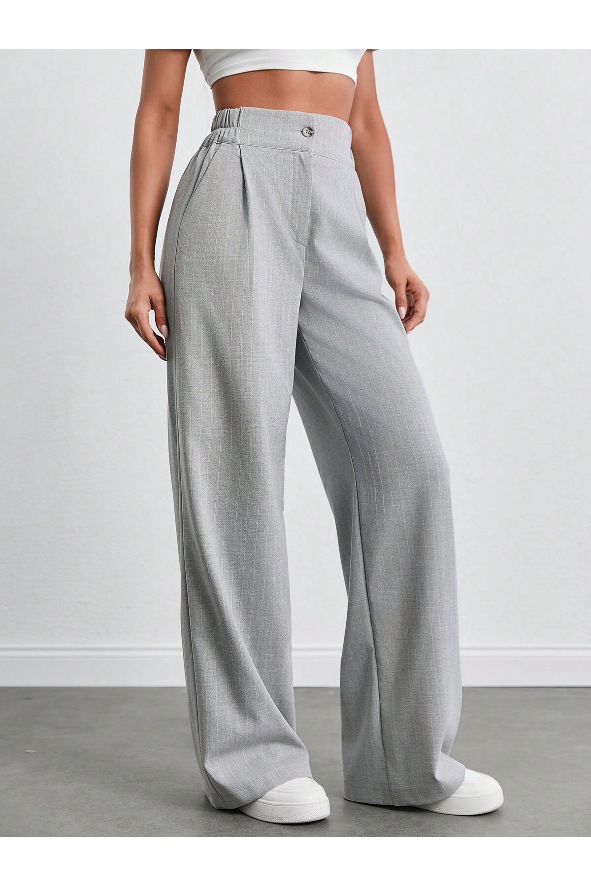 tuzu moda KADIN PANTOLON ÇİZLİGİLİ POLİVİSKON PANTOLON PALAZZO PANTOLON ARKA LASTİKLİ PANTOLON görsel 3