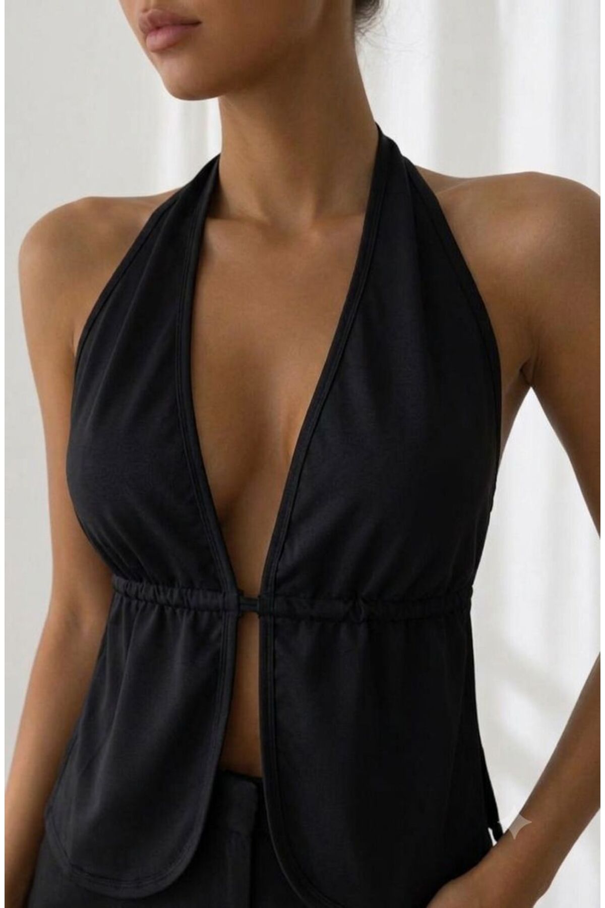 OTD STORE Siyah Sırtı Açık Bağlamalı Crop Bluz, Dekolteli Kadın Üst
