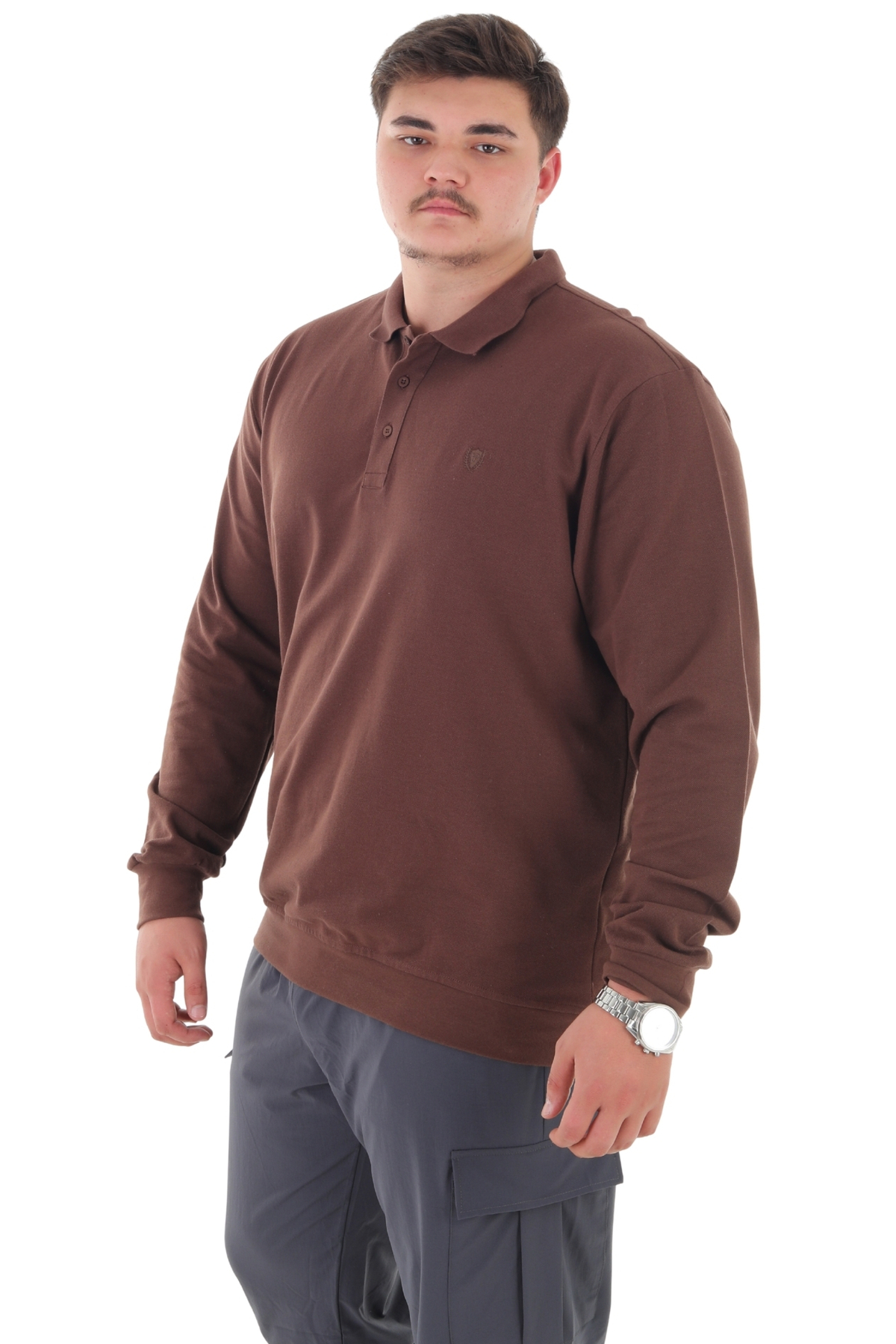 marufshop Erkek Büyük Beden 115-155 Kilo Arası İçin Uygun Uzun Kol Polo Yaka Mevsimlik Sweatshirt Kahverengi görsel 4