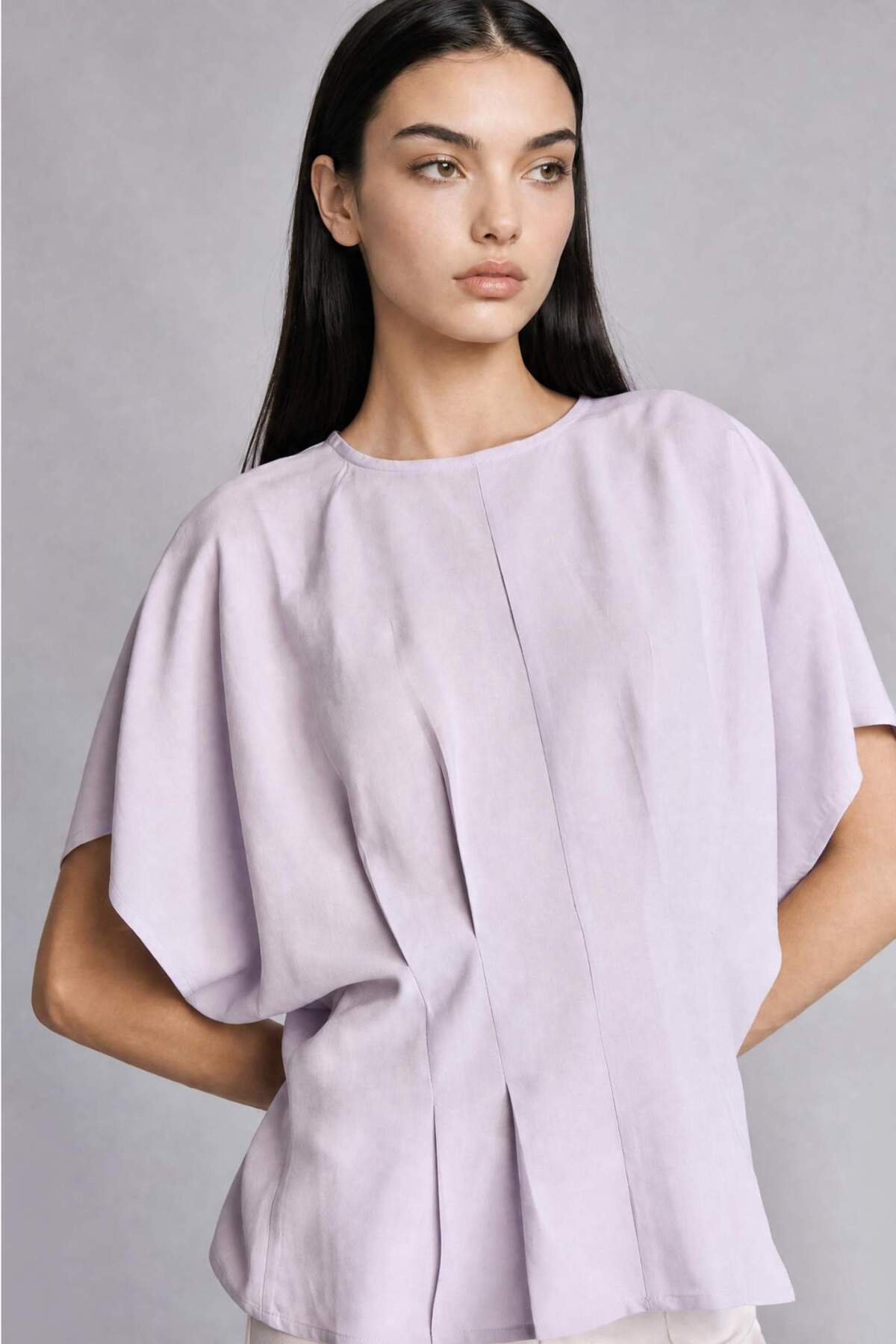 Fitted Crew Neck Linen Blend Short Sleeve Open Lilac Blouse I1968AX26SM