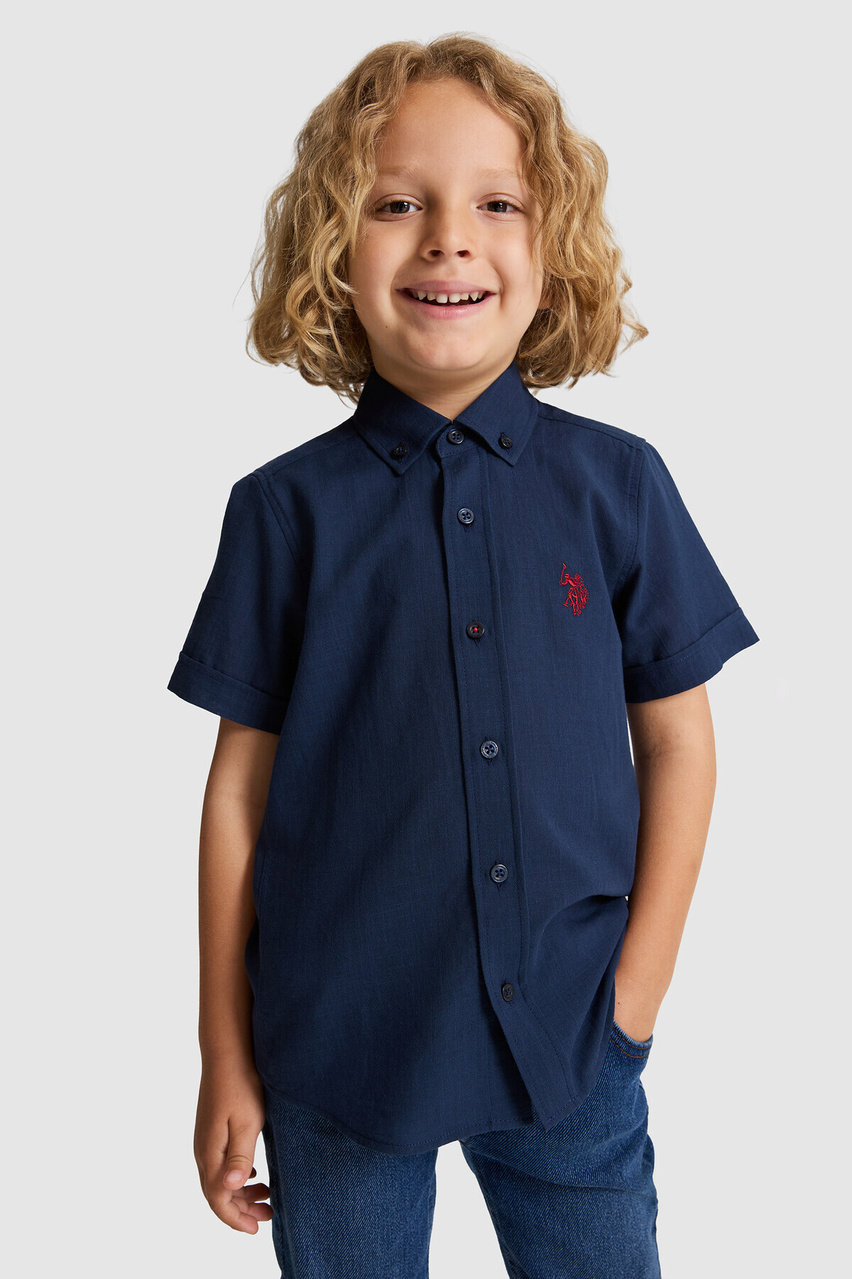 U.S. Polo Assn. Erkek Çocuk Lacivert Kısa Kollu Gömlek 50326122-VR033 — سرمه‌ای