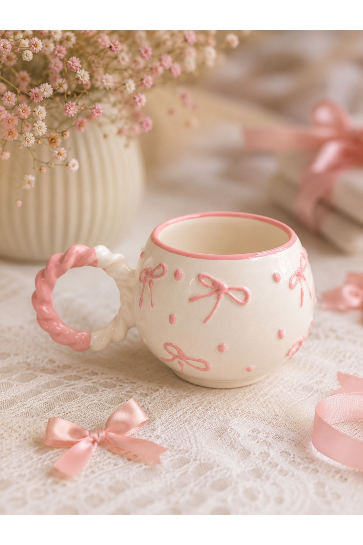 Knitted Bubble Pink BOW PATTERNED Custom Embossed Fully Handmade Ceramic Mug