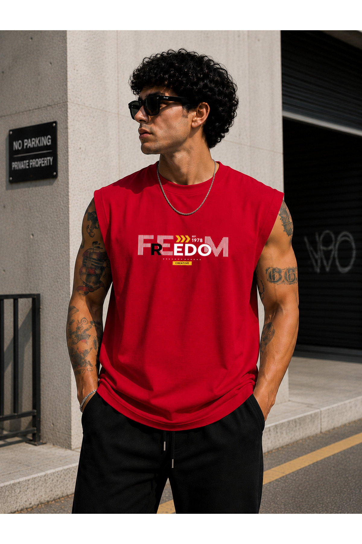caddekombin Zero Sleeve Unisex Freedom Printed Cotton Combed Crew Neck T-Shirt