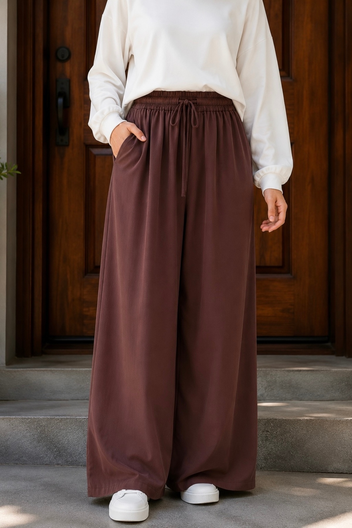 İmajButik Kahverengi Bel Lastikli İp Bağlamalı Cepli Pantolon