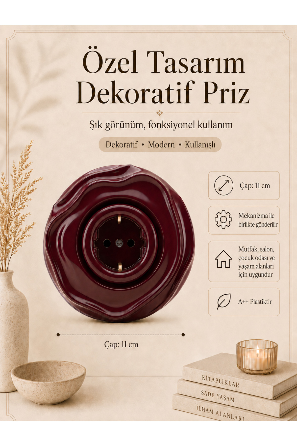 Özel Tasarım Wavy Serisi Bordo Renk Dekoratif Priz A Kalite Plastik (Mekanizma Dahildir)