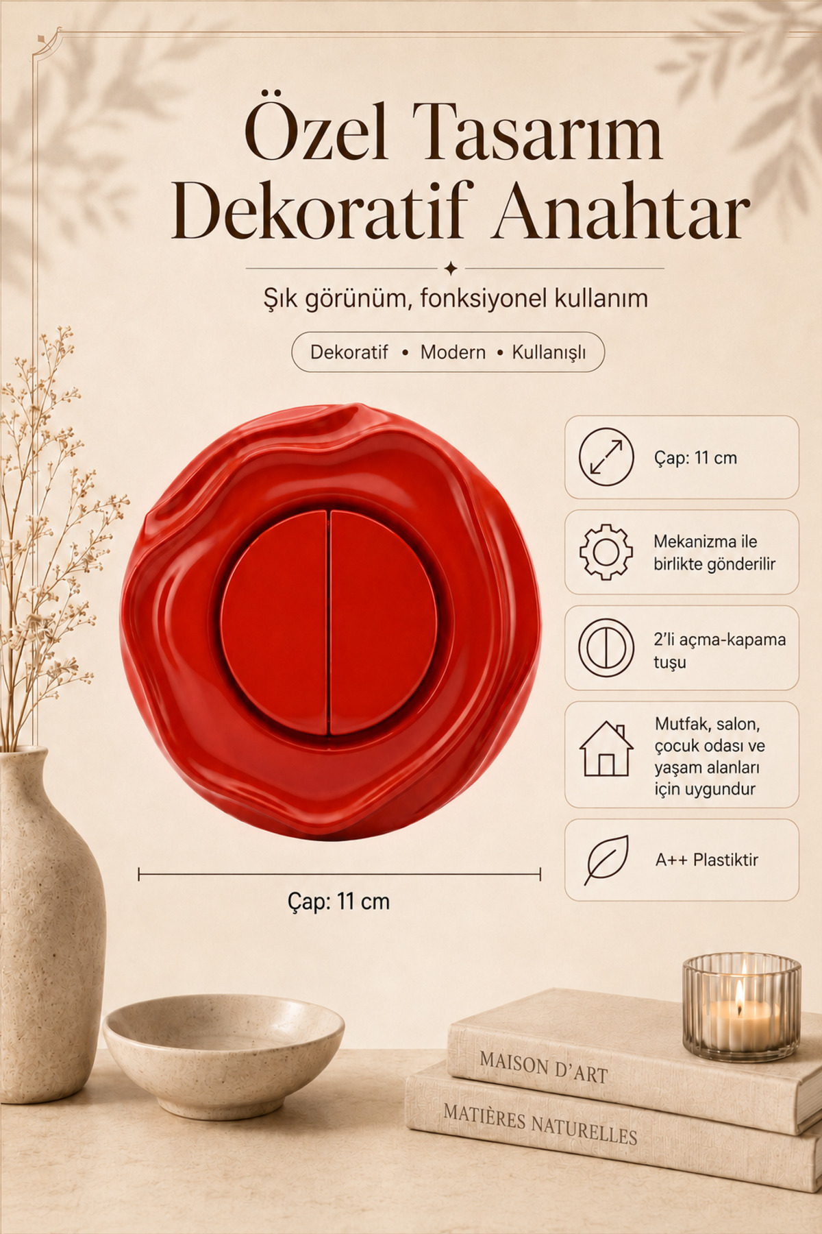 Özel Tasarım Wavy Serisi Kırmızı Renk Dekoratif Anahtar A Kalite Plastik (Mekanizma Dahildir)