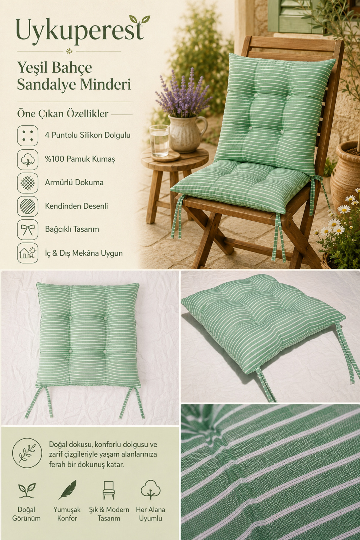 Pastello Pofidik Sandalye Minderi 40x40 Bağcıklı 4 Puntolu Silikon Dolgulu Pamuk Bahçe Balkon Tekli detay