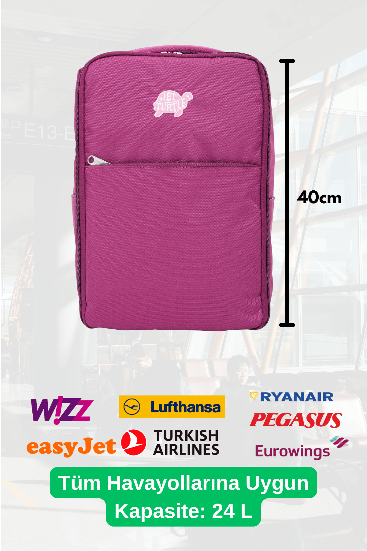Jet Turtle Seyahat Sırt Çantası 40cm 40x25x15 cm Pegasus, Wizz Air, Ryanair, El Valizi Koltuk Altı Valizi görsel 2