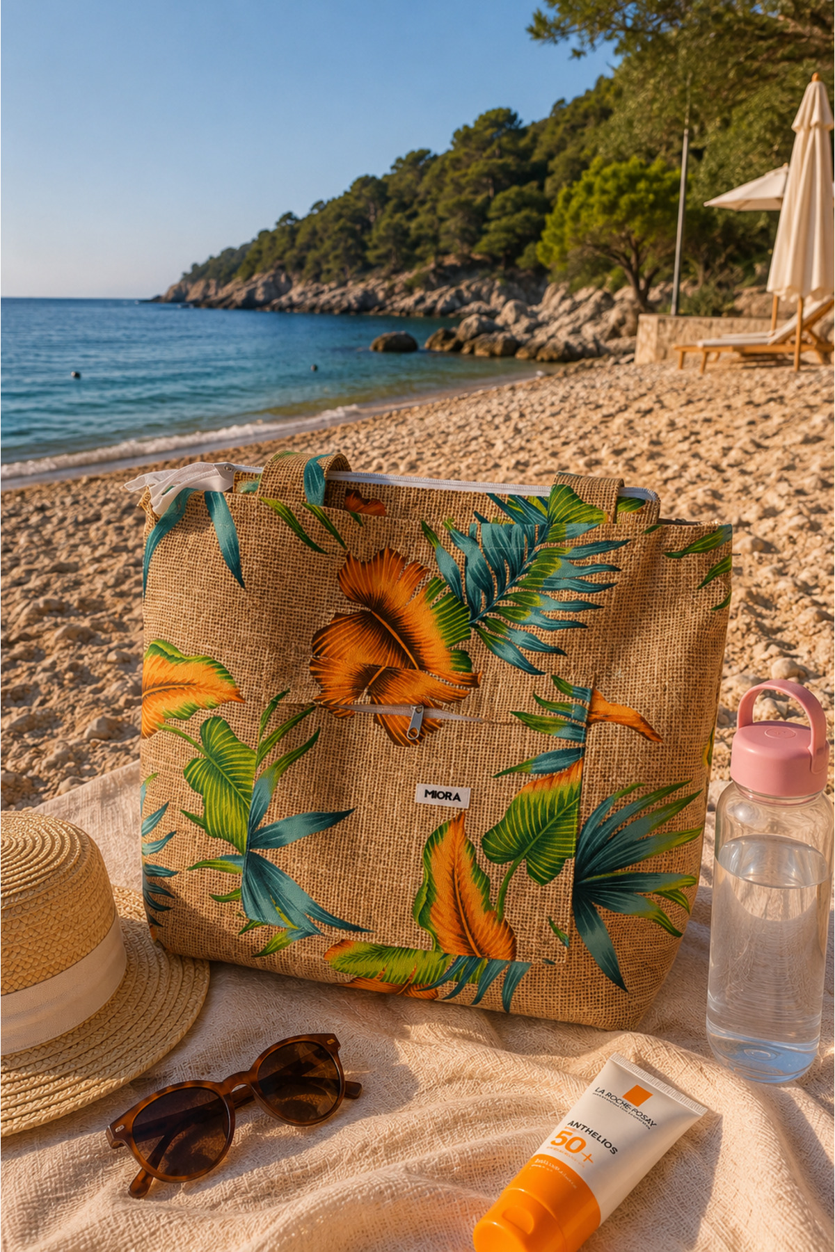 MIORA BAG Tropikal Desenli Fermuarlı Büyük Plaj Çantası, Geniş Hacimli Günlük, Tatil ve Plaj Omuz Çantası