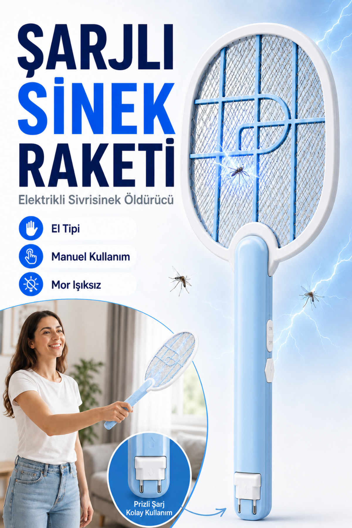 Şarjlı Sinek Raketi Elektrikli Sivrisinek Öldürücü El Tipi Manuel Kullanım Prizli Şarj Mor Işıksız