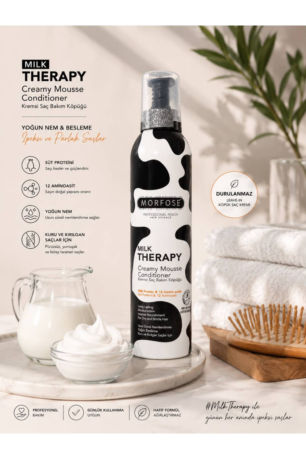 Milk Therapy Creamy Mousse Conditioner 200 ml – Süt Proteinli ve 12 Amino Asitli Durulanmayan Kremsi Saç Bakım Köpüğü — MMTCMC1 — تصویر 4 از 4