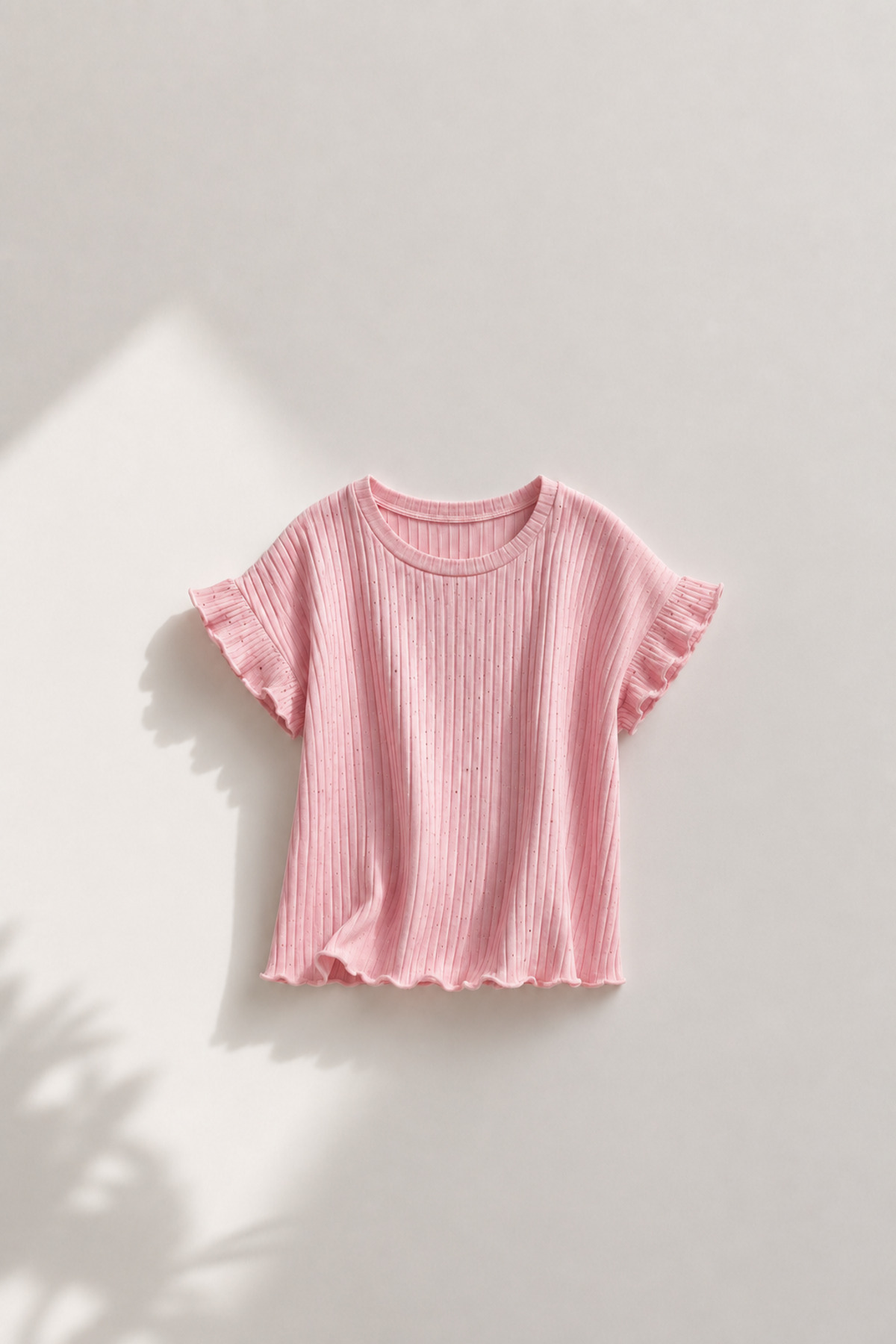 4-12 Years Ribbed Stone Detailed Shoulder Flywheel Sleeve Guipure Summer Short Sleeve Girls T-Shirt&Blouse