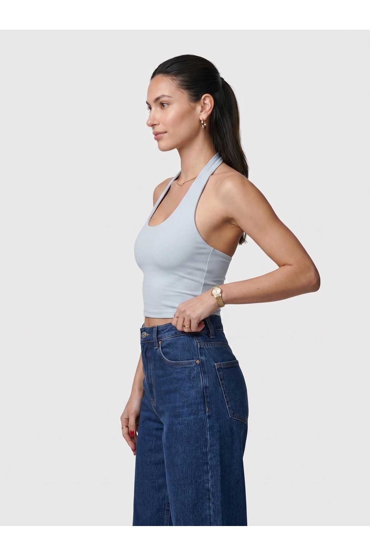 Kadın Halter Yaka Dar Kalıp Sırt Dekolteli Slim Fit Basic Body - Mavi 3