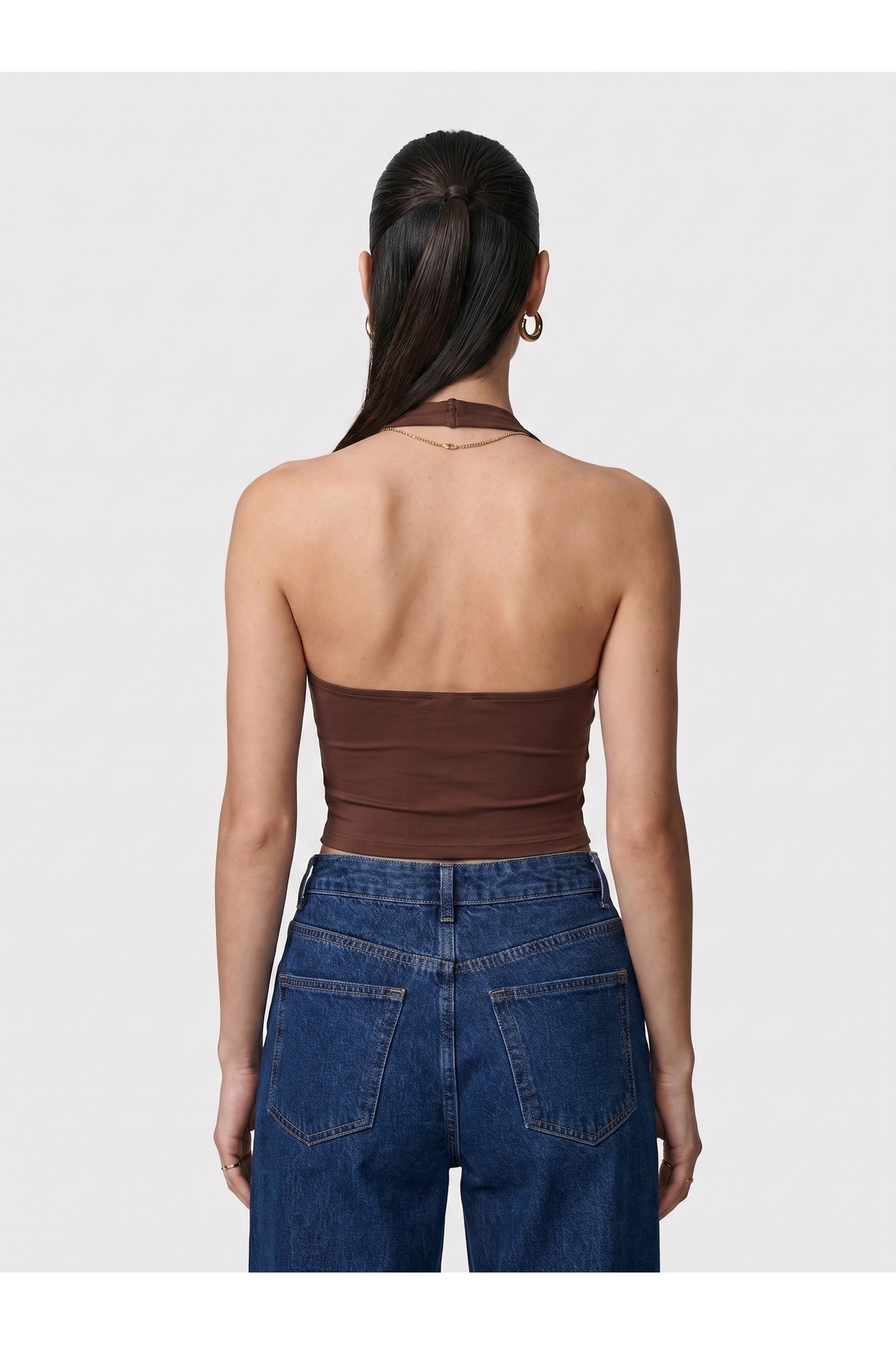 Kadın Halter Yaka Dar Kalıp Sırt Dekolteli Slim Fit Basic Body - Kahverengi 3