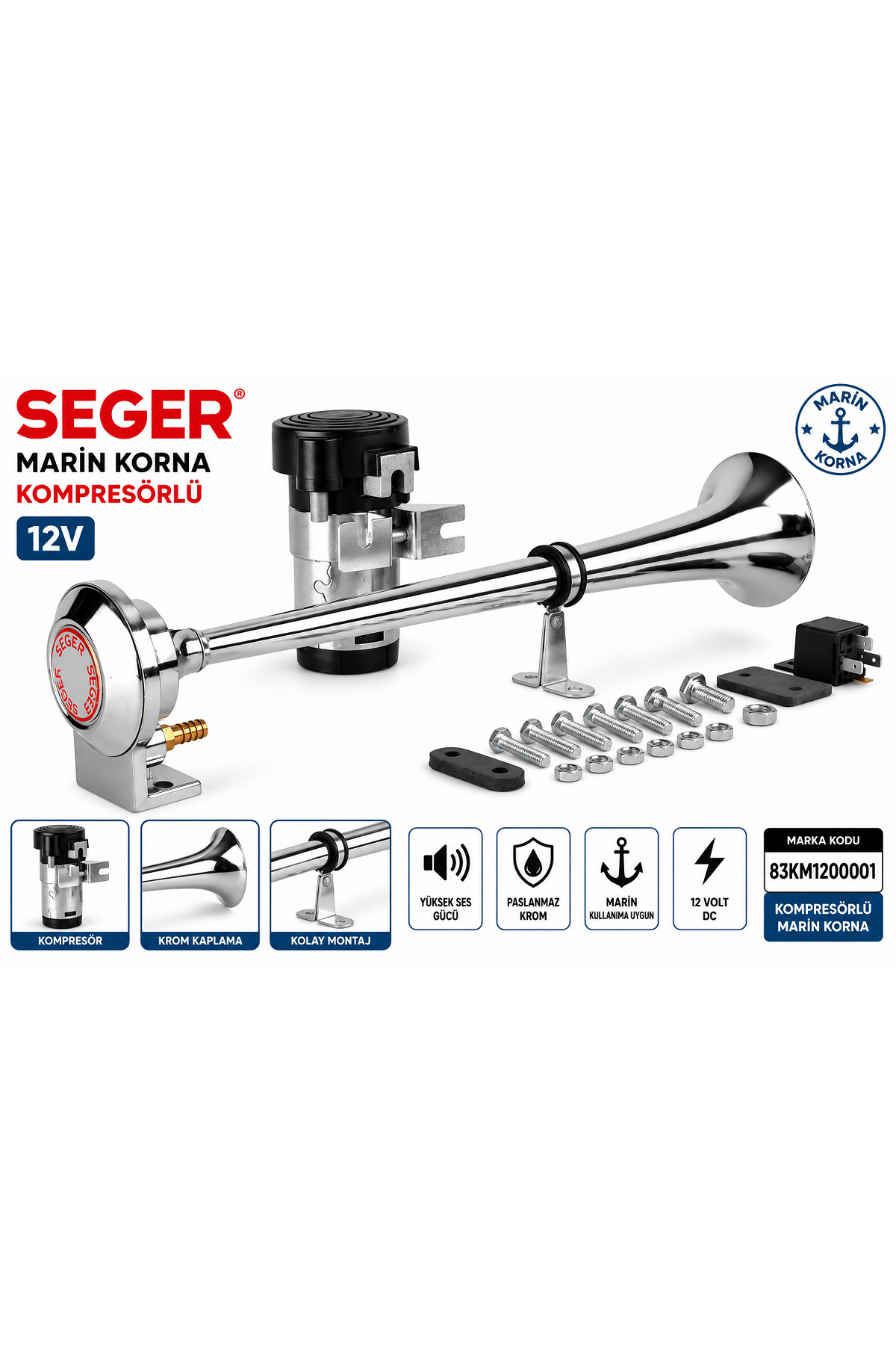 YTO 83KM1200001 MARİN KORNA KOMPRESÖRLÜ 12 VOLT KROM - Fiyatı