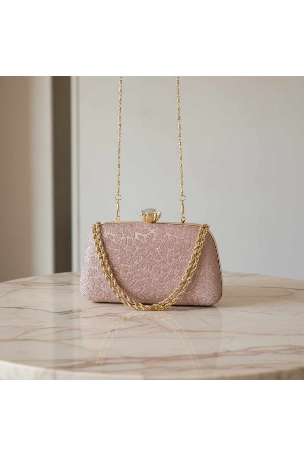 Dilora Kadın Rose Gold Dokulu Simli Abiye Çanta Kristal Taş Tokalı Gold Zincir Askılı Gece Davet Clutch El ve Omuz Çantası görsel 6