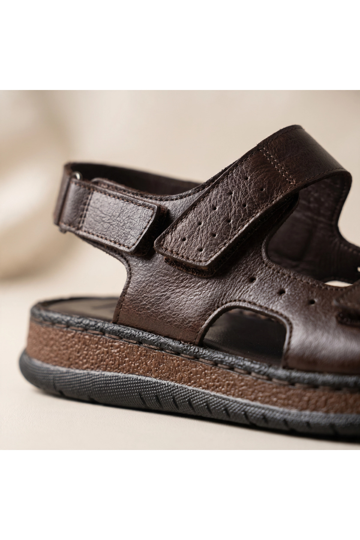 Fame Step Hakiki Deri Unisex Ortopedik Sandalet Acı Kahve Yumuşak Taban Cırtlı Comfort Yazlık Günlük Terlik görsel 7