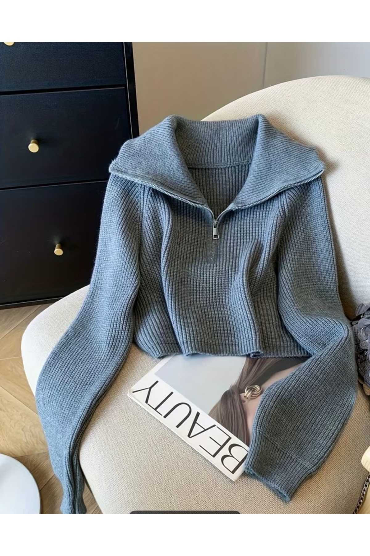 NATUFIAN STORE Kadın Devrik Yaka İtalyan Kol Oversize Basic Triko Kazak