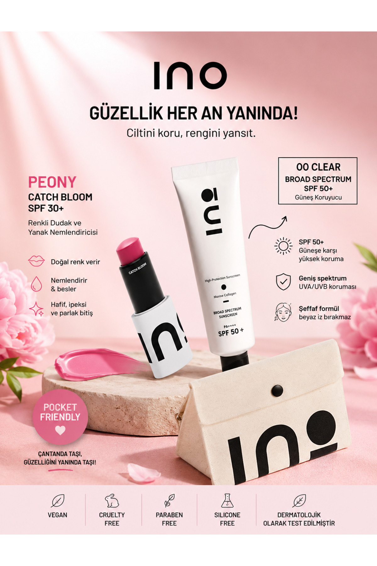 inobeauty Catch Bloom PEONY Dudak & Yanak Renklendirici + Broad Spectrum SPF 50+ 00 CLEAR Güneş Kremi — İNBTY3446977456