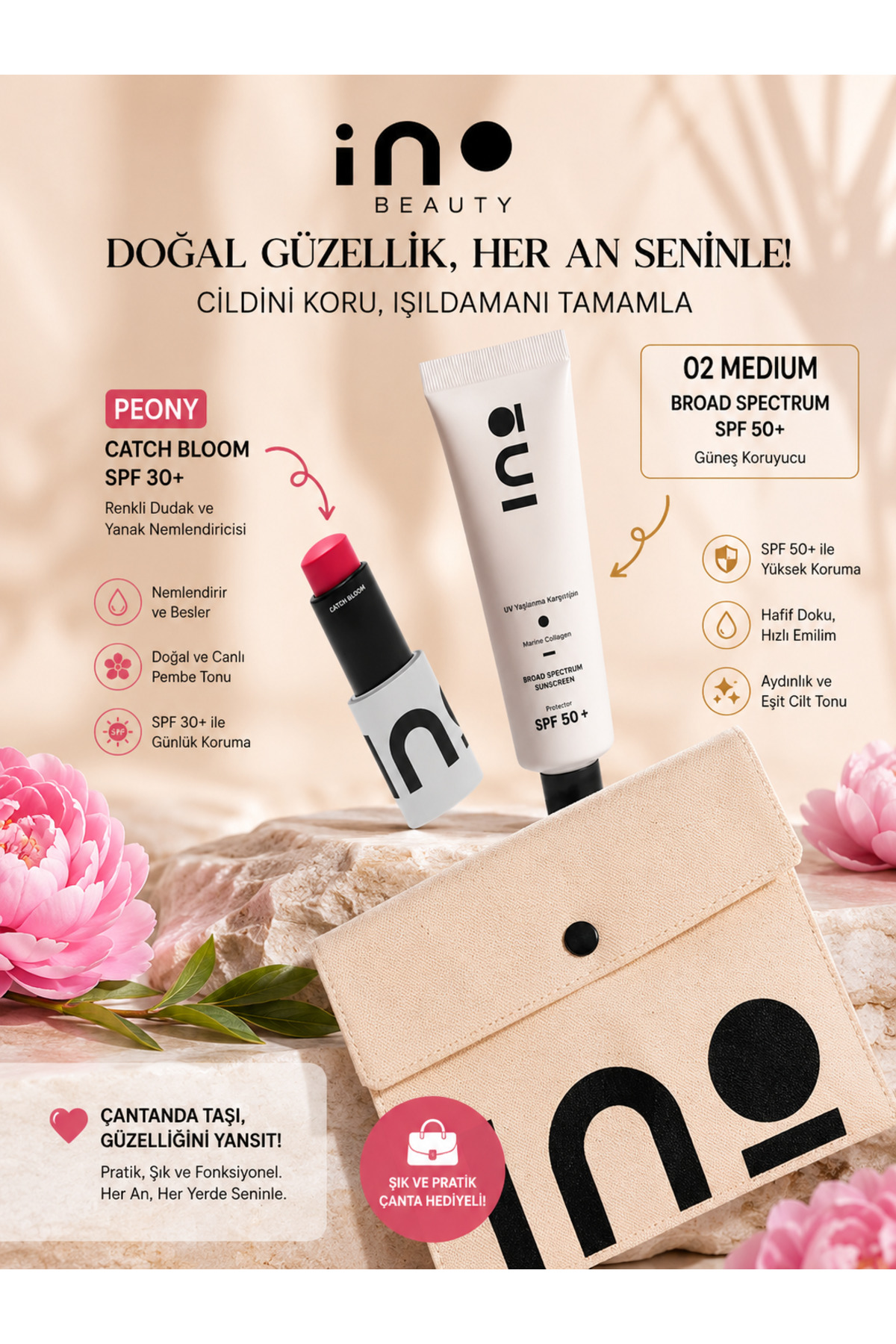 inobeauty Catch Bloom PEONY Dudak & Yanak Renklendirici + Broad Spectrum SPF 50+ 02 MEDİUM Güneş Kremi — İNBTY23463445534