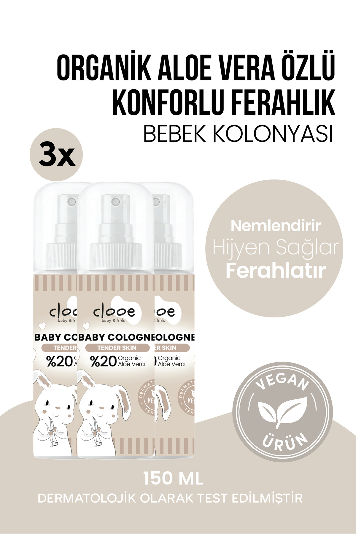 clooe 3'lü Bebek Kolonyası Tender Skin 150 ml - Pudramsı ve Yumuşak Notalı - Organik Aloe Vera Özlü - Vegan - Hızlı Kuruyan — PKA087