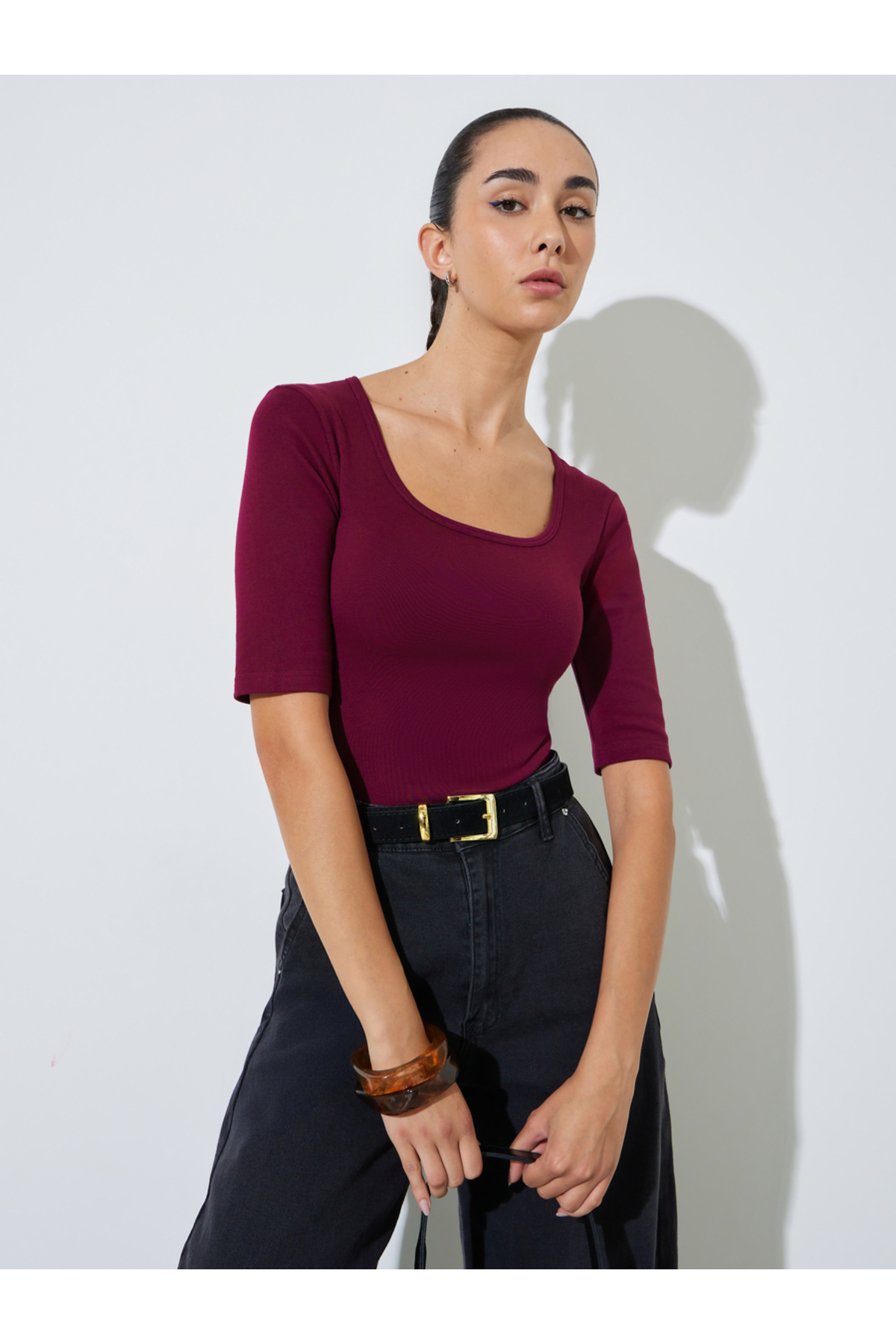 Styli Burgundy Heavyweight Fitted Square Neck T-Shirt
