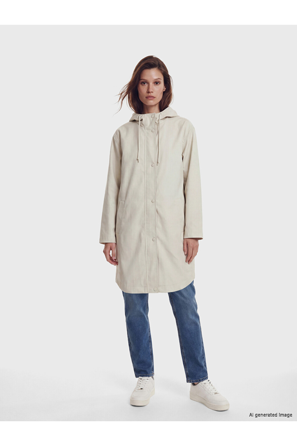 LC Waikiki LCW Modest Bej Kapüşonlu Kadın Yağmurluk görsel 2