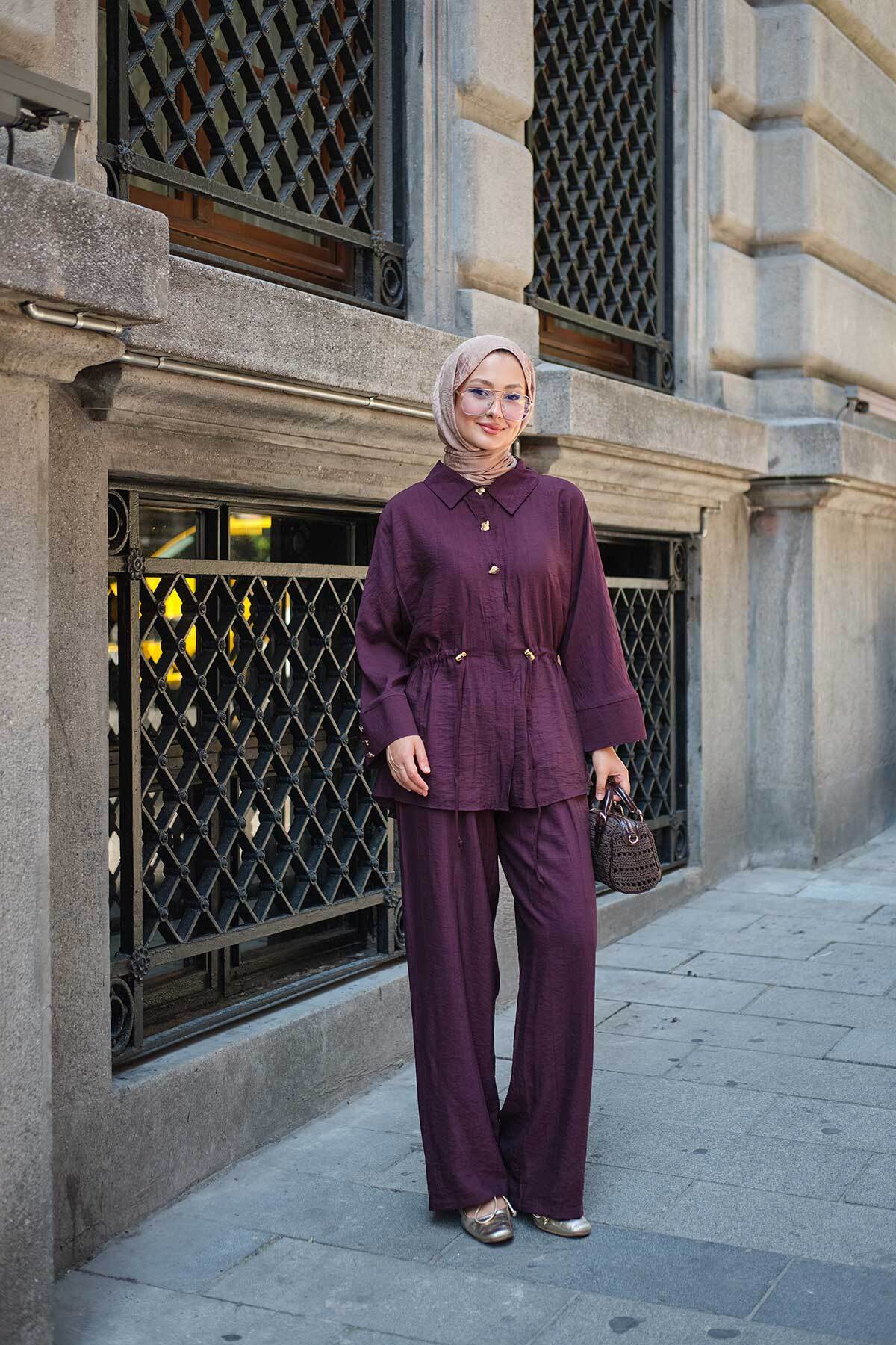 LOCCO Women's Double Suit with Button and Lace Detail on the Front, Self-Crinkle Patterned, Plum Color