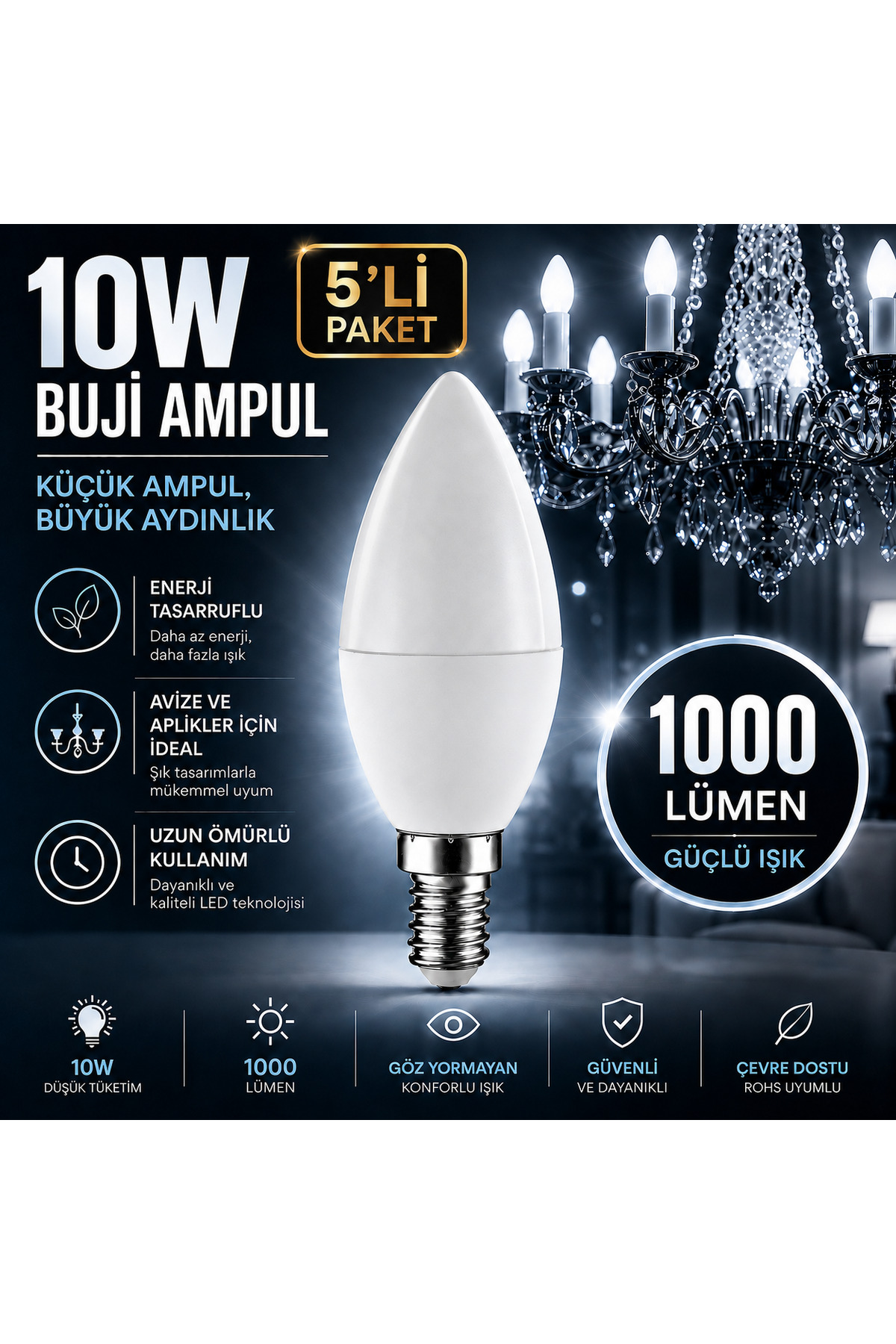 repplam 5'li Paket 10W Buji Led Ampul Beyaz Işık İnce Duylu Ampul Avize Ampulü 1000 Lümen