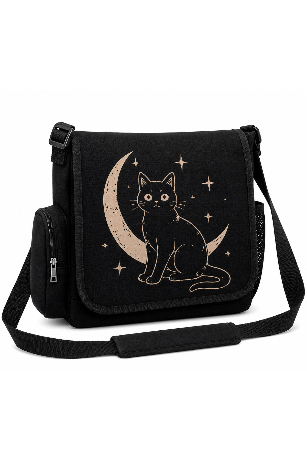 DEEFWEAR Kedi Baskılı Unisex Siyah Messenger Bag Hacimli Postacı Çanta/ Laptop Çantası/ Okul Çantası