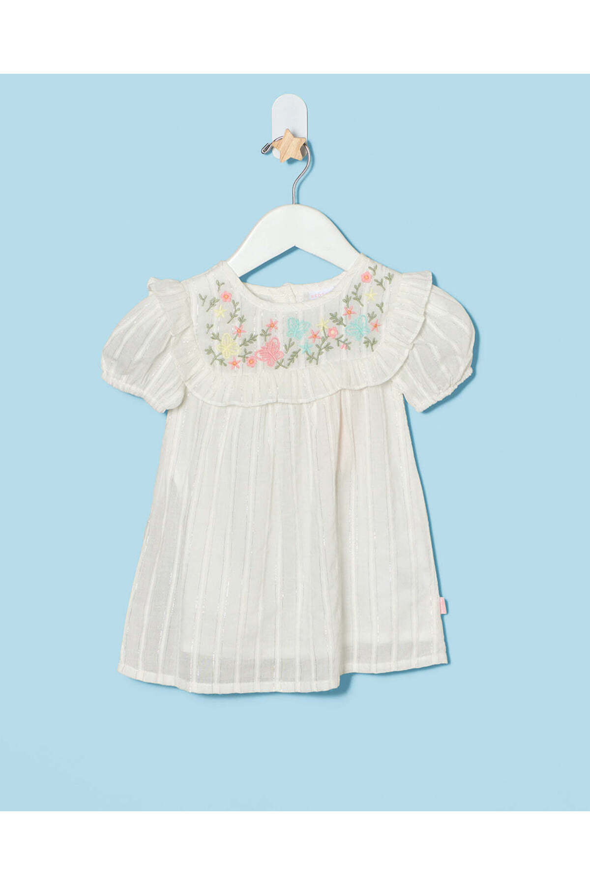 REDTAG Infant Girls White Dobby Embroidered Lurex Dress