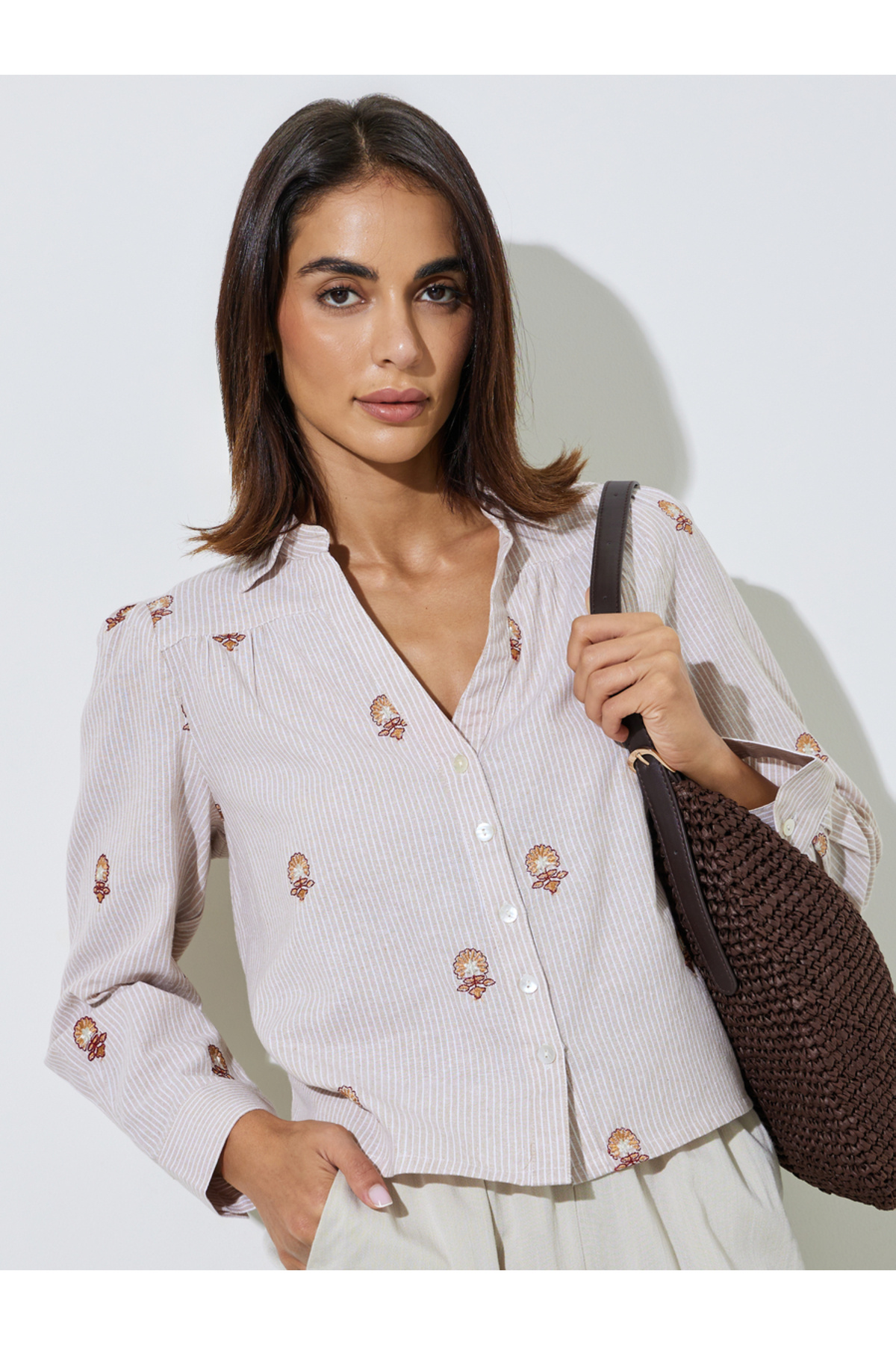 Styli Embroidered Striped Regular Fit Shirt