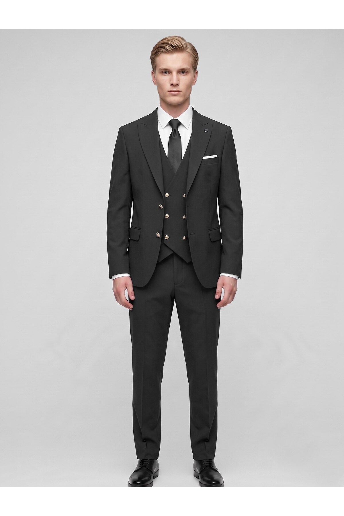Erkek 3 Parça Slim Fit Takım Elbise – Kruvaze Yelekli Modern Kesim Şık Takım — مشکی PRA-14343933-044237