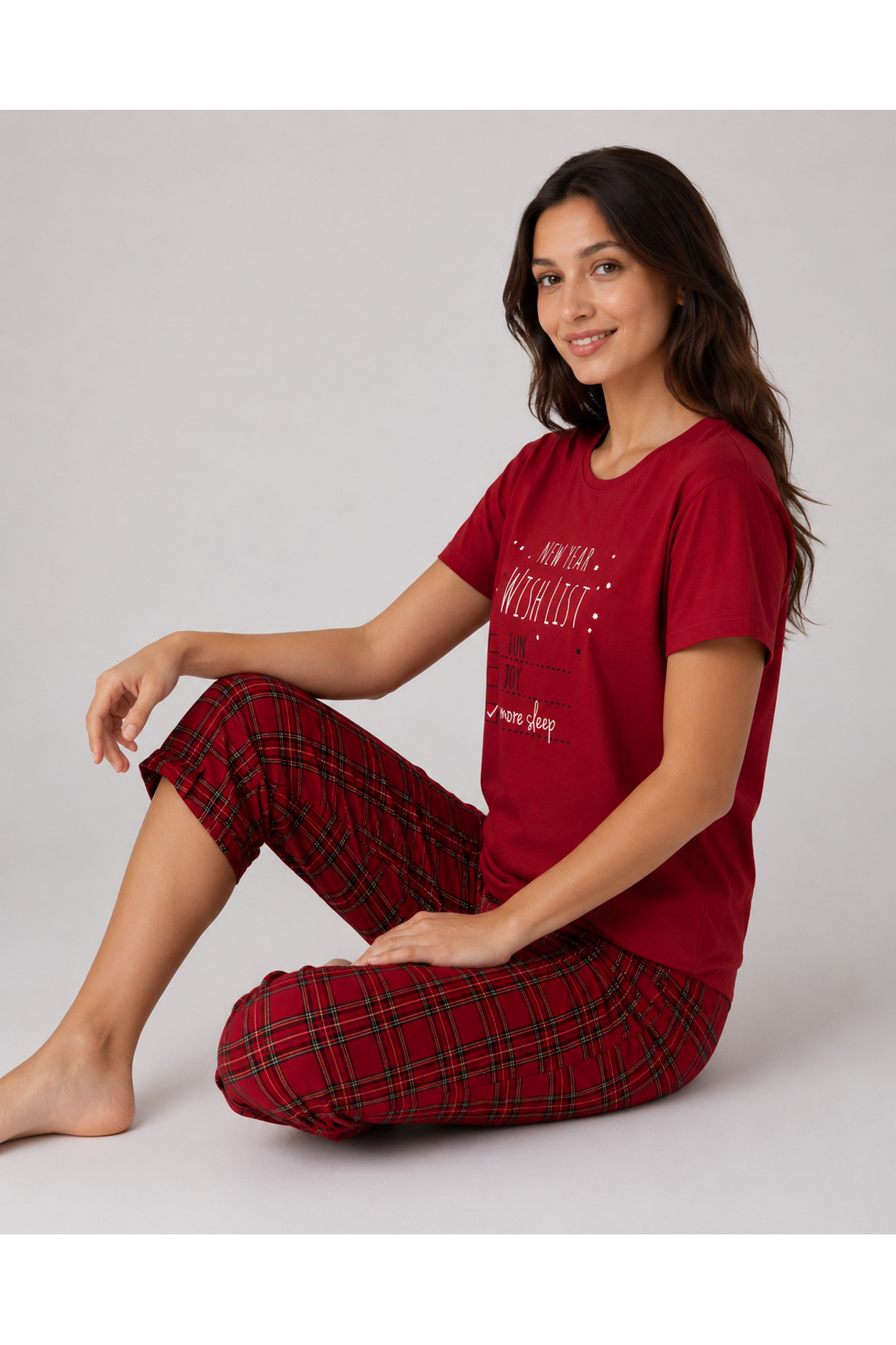 Pijamask Kadın Bordo Ekose Kapri Pijama Takımı Bisiklet Yaka Kısa Kollu Rahat Ev Giyim (P100-887) görsel 4