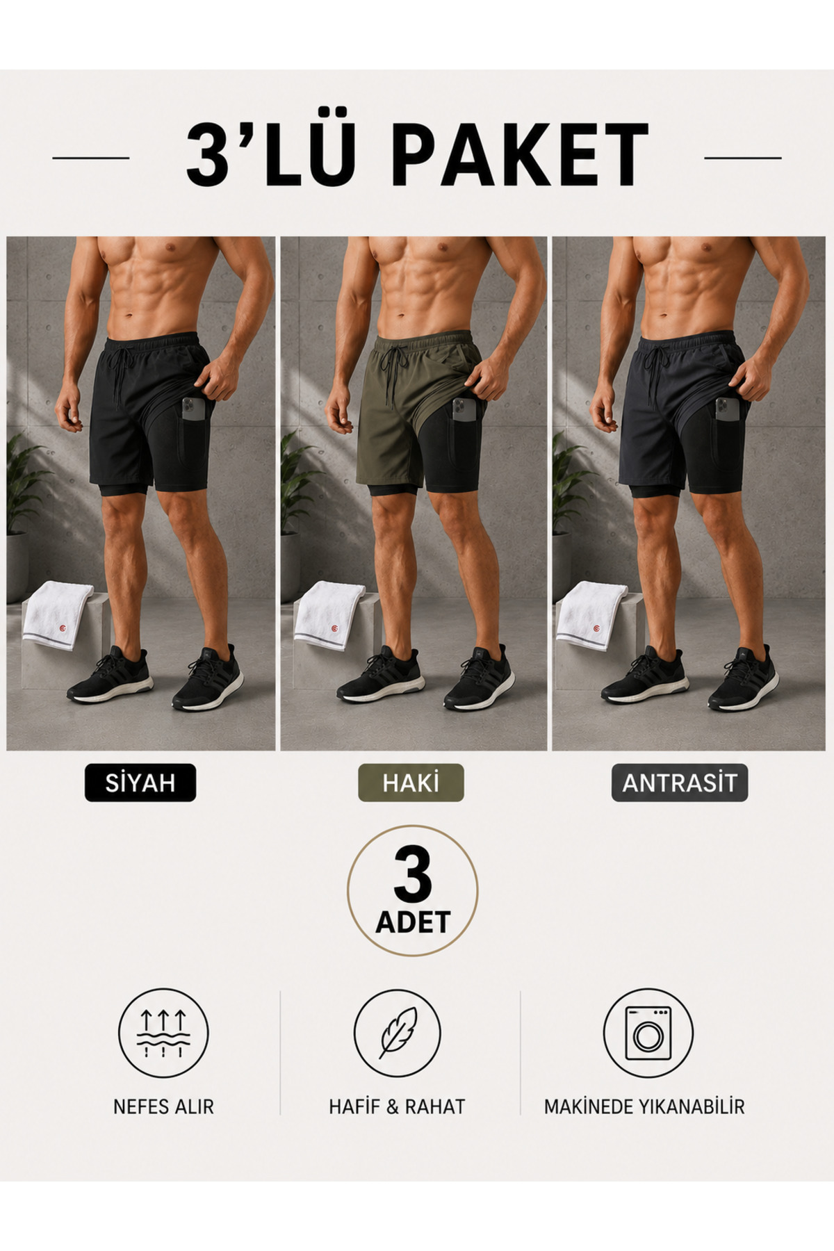 RUNFLEX Erkek Paraşüt Kumaş Hızlı Kuruma Antreman-Halı Saha- Fitness Kısa Taytlı Şort