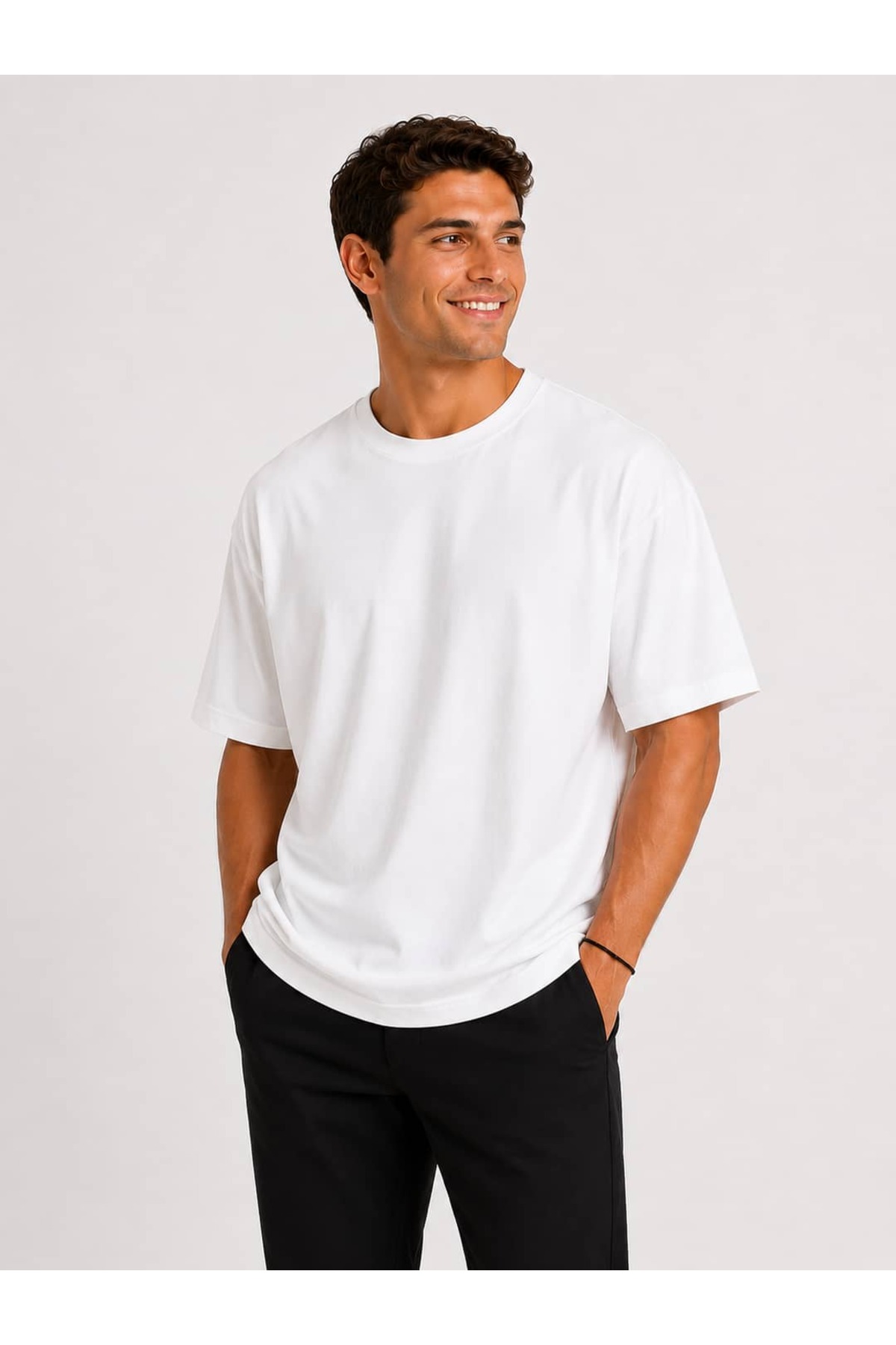 Vasto Moda Erkek Oversize Kalın Dokulu %100 Organik Pamuk Bisiklet Ribana Yakalı Beyaz T-Shirt görsel 2