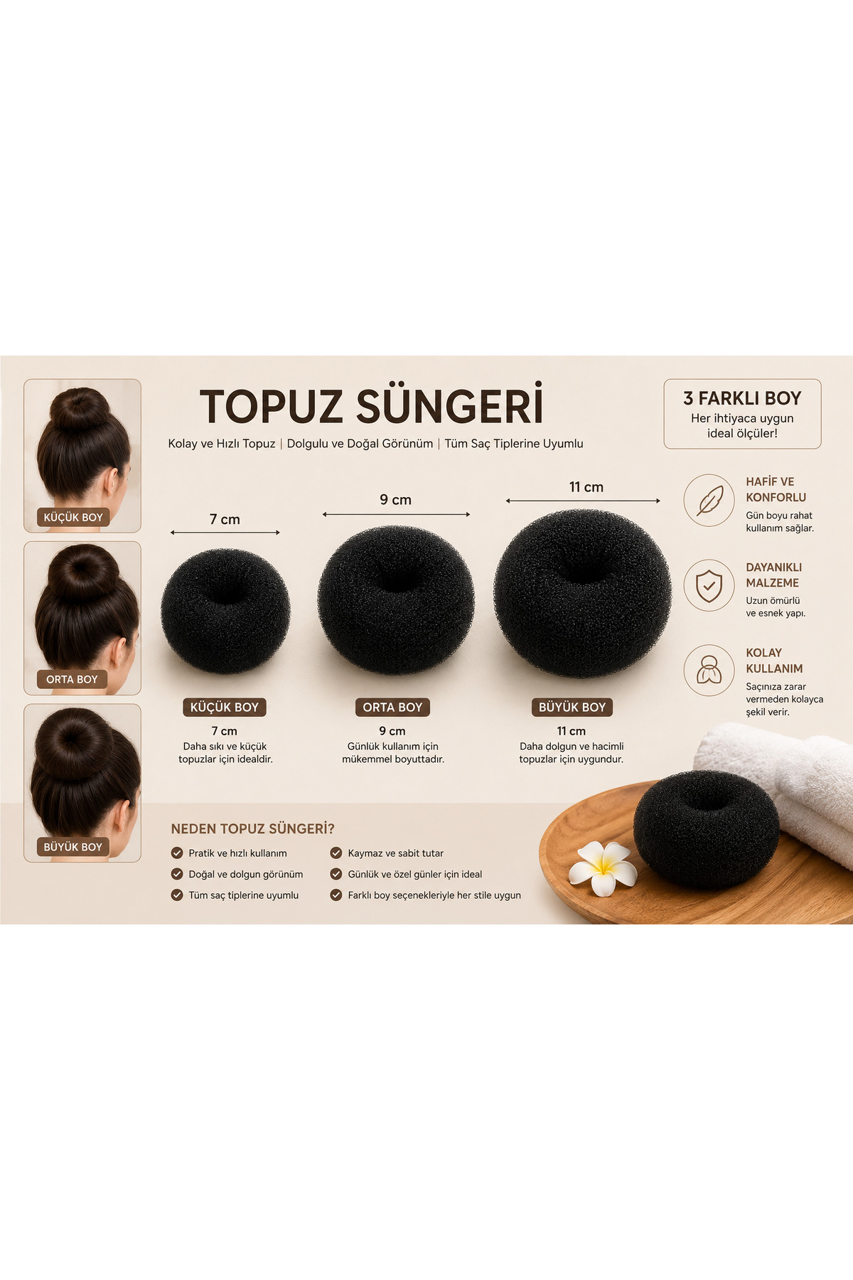 MEDBRIGHT Profesyonel SİYAH Topuz Süngeri Seti 3 Adet | 6-8-11 cm Dolgun Topuz SÜNGERİ görsel 2